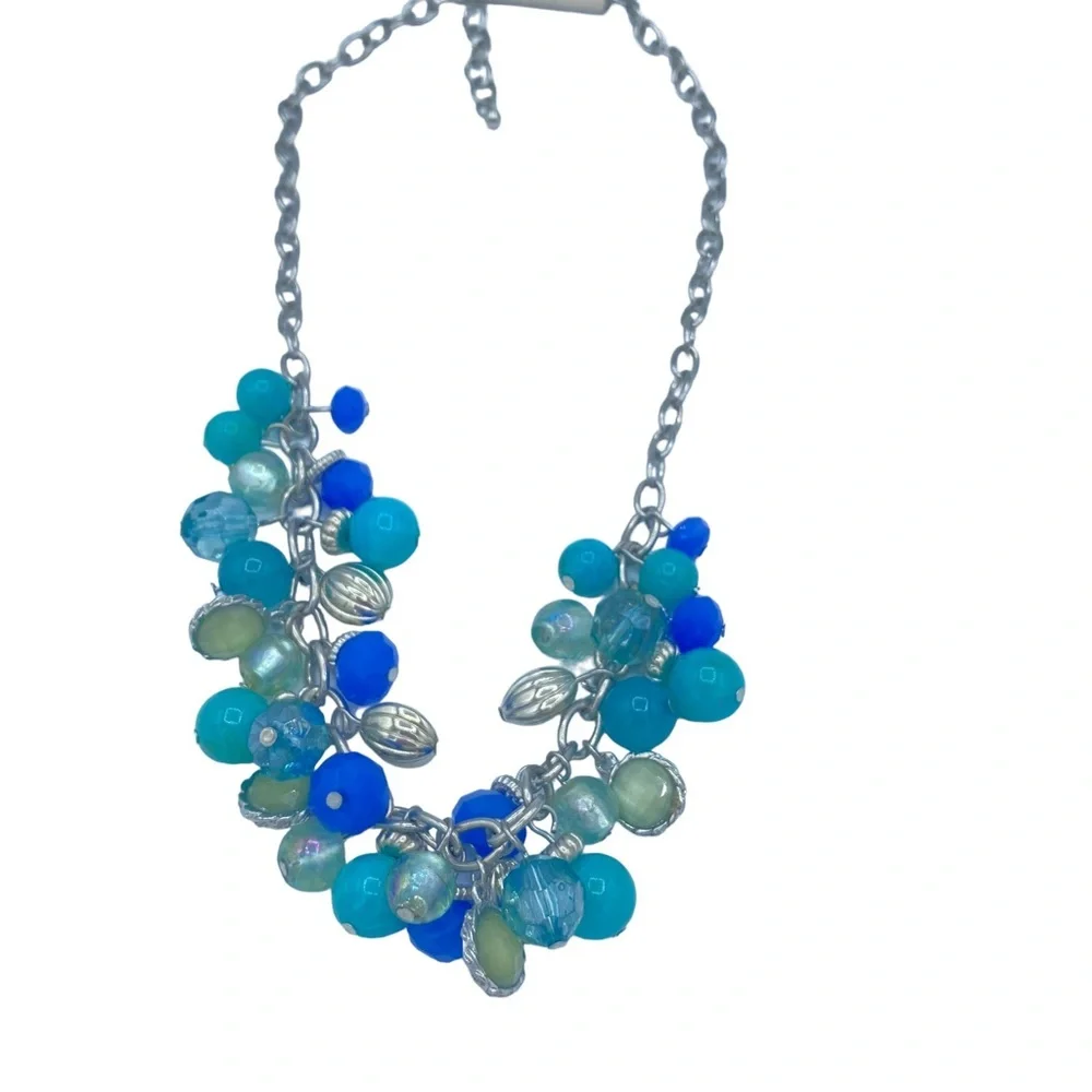 Kim Rogers NWT Aqua blue beaded bib cluster collar necklace silver tone chain
